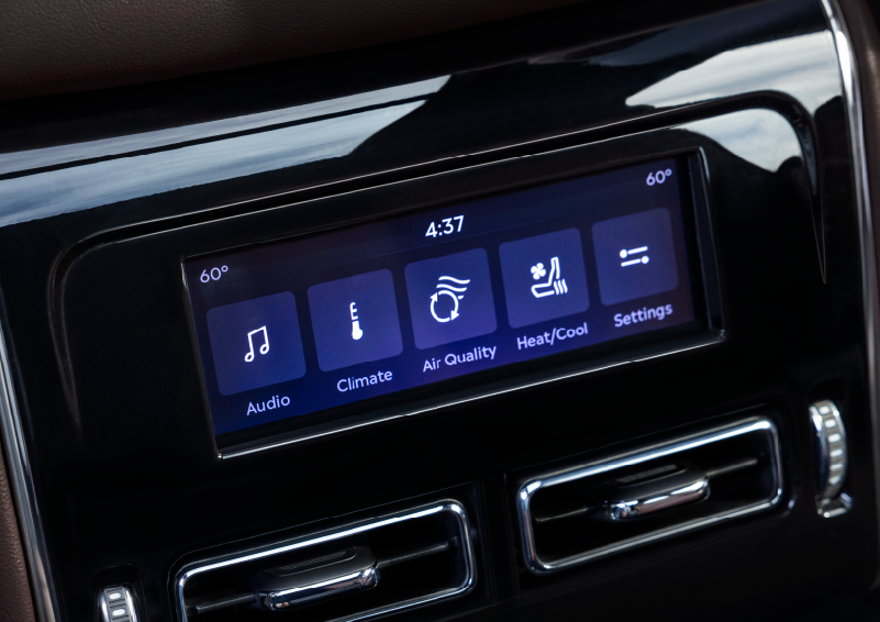 Driver controls like music, temperature, air quality, settings, and heat/cool seats are shown. | Caruso Lincoln in Long Beach CA