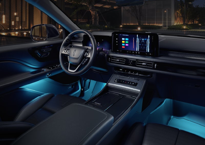 Deep blue ambient lighting glows from various places within a 2026 Lincoln Aviator® SUV. | Caruso Lincoln in Long Beach CA