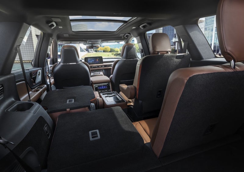 One side of the PowerFold® third-row seat and a second-row seat are folded forward in the 2026 Lincoln Aviator® SUV. | Caruso Lincoln in Long Beach CA